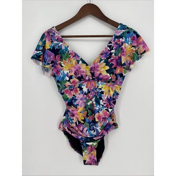 Swim Solutions Size 10 Garden Dreams Floral Flutter Sleeve One Piece Swimsuit - Picture 2 of 6